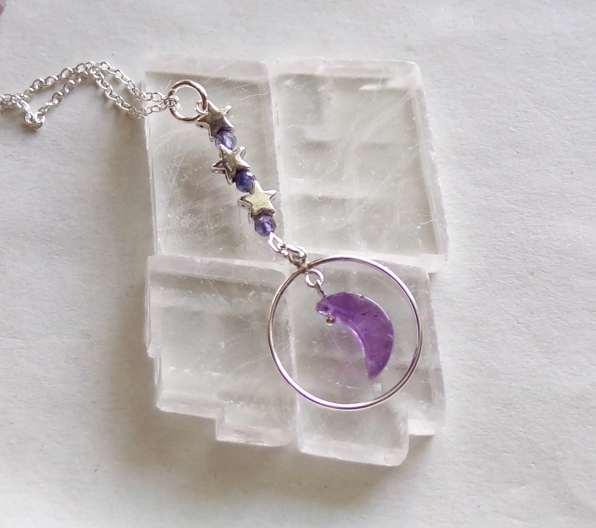 Amethyst Crystal Moon Purple Iolite Silver Circle Pendant Necklace