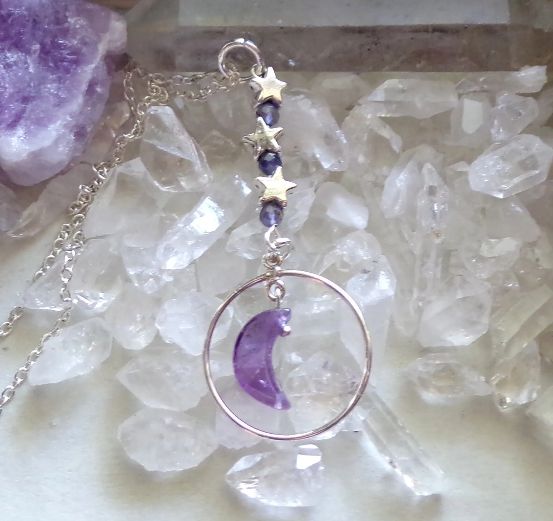 Amethyst Crystal Moon Purple Iolite Silver Circle Pendant Necklace