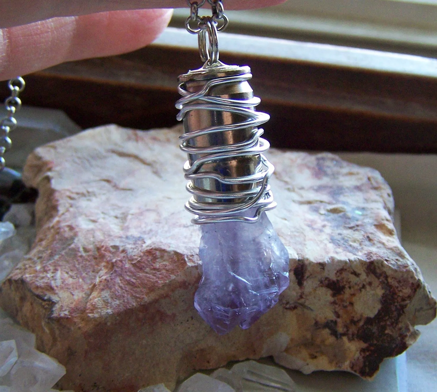 Amethyst Crystal Wire Wrapped Silver Bullet Pendant Necklace