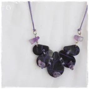 Amethyst Stones Black Leather Bib Necklace