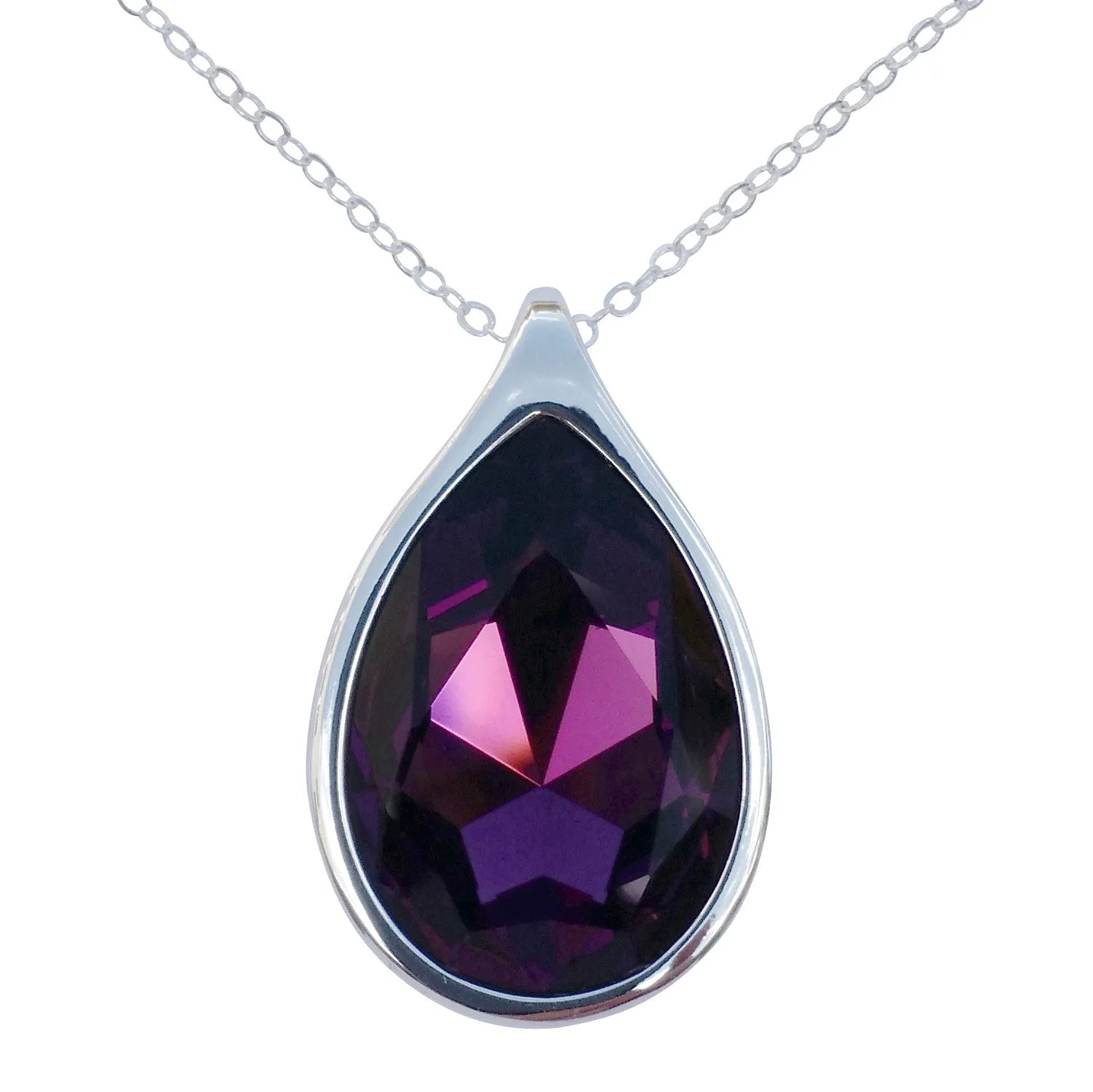 Amethyst Swarovski Crystal Pear/Teardrop Pendant on 18" 2mm Silver-Plated Necklace