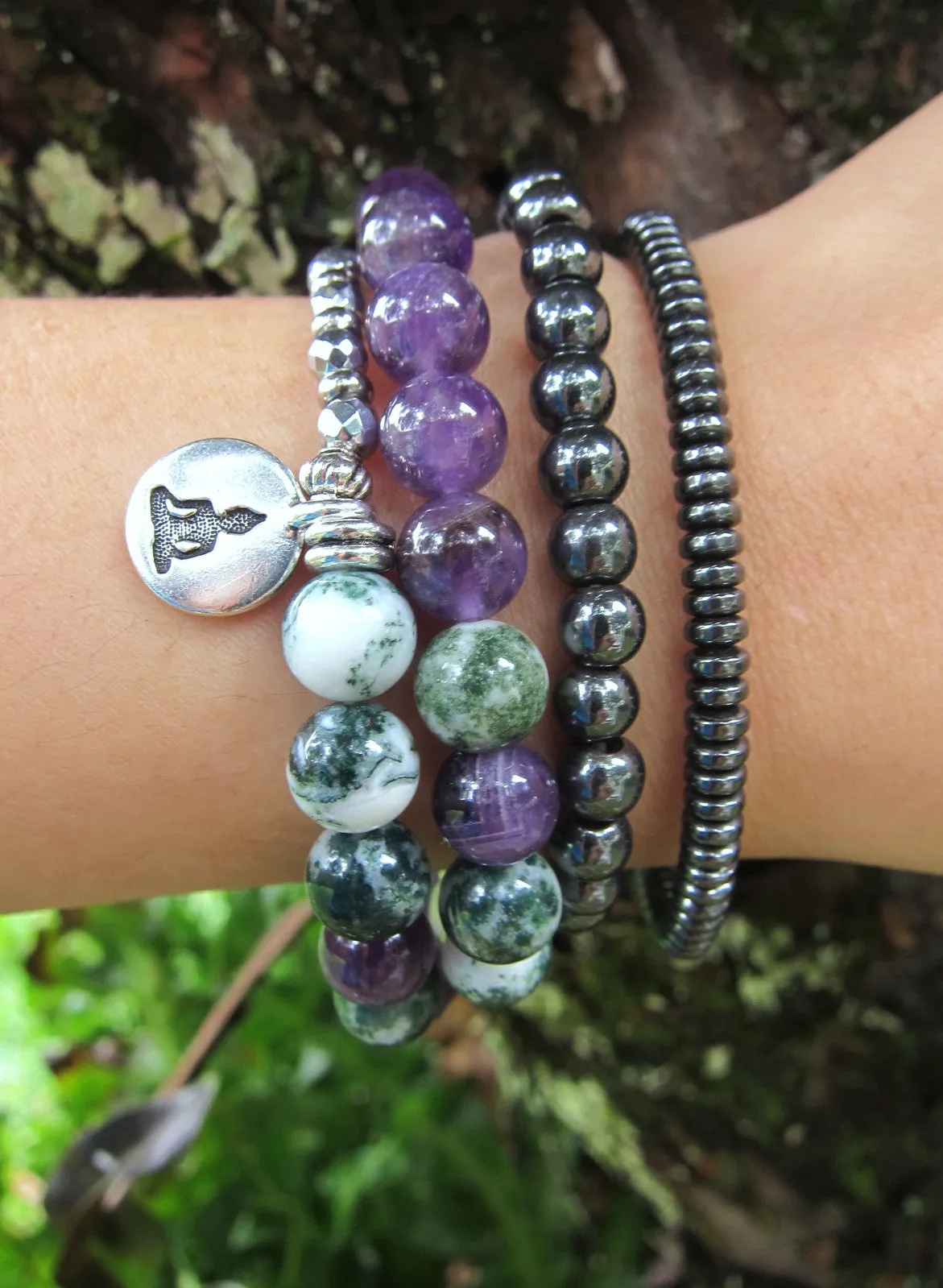 Amethyst, Tree Agate, Pink Quartz Mala Bracelet