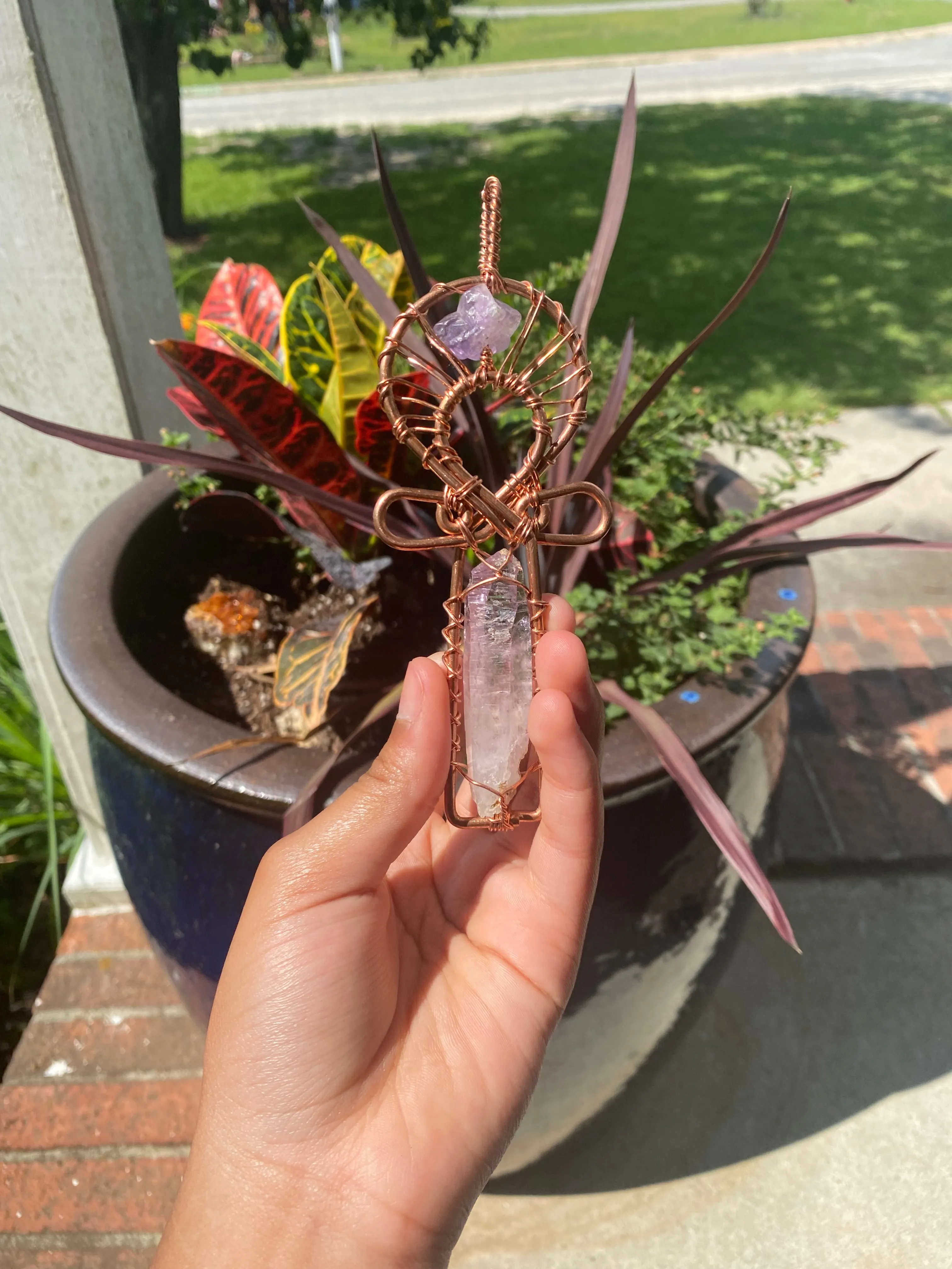 Amethyst Vera Cruz Crystal with Amethyst Top Stone Copper Egyptian Kemetic Coptic Cross Ankh Wirewrapped Wearable Necklace Pendant