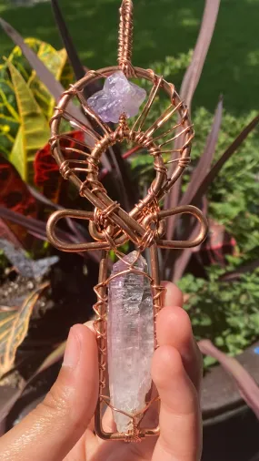 Amethyst Vera Cruz Crystal with Amethyst Top Stone Copper Egyptian Kemetic Coptic Cross Ankh Wirewrapped Wearable Necklace Pendant