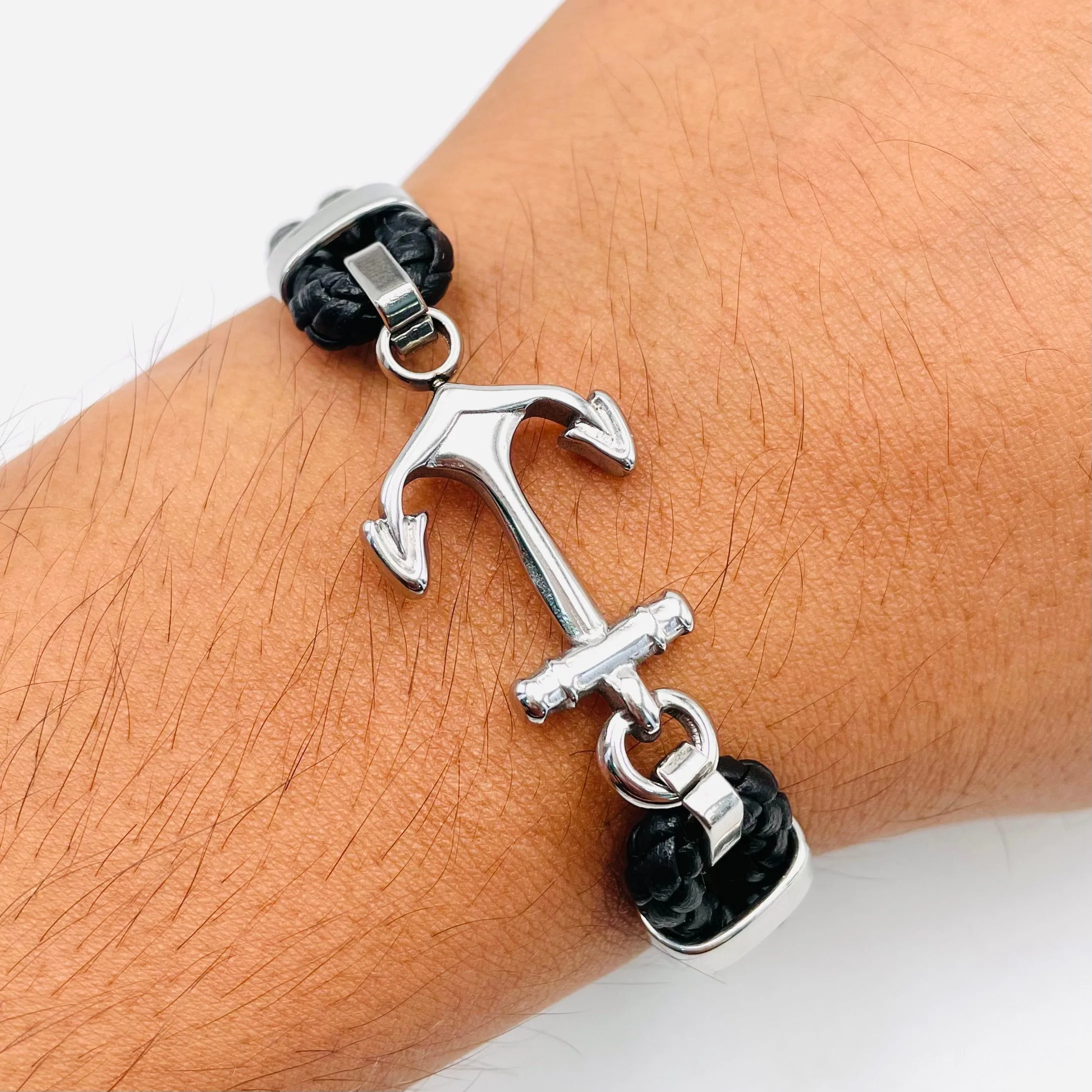 Anchor Dual layer Rope Black Silver Stainless Steel Anti Tarnish Leather Bracelet For Men