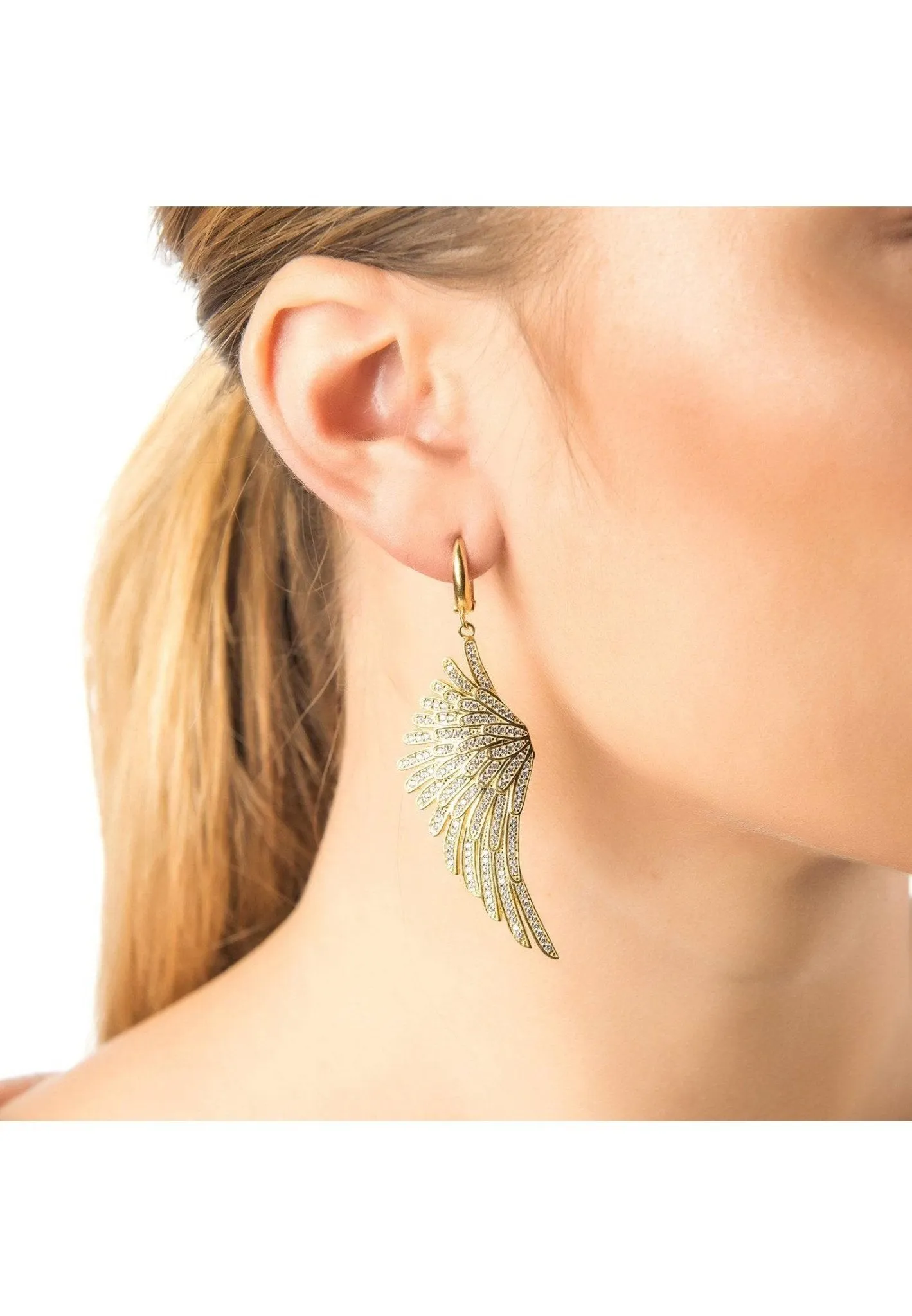 Angel Wing Drop Earrings Gold White