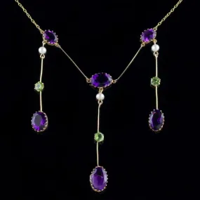 Antique Edwardian Suffragette Necklace 18Ct Gold Amethyst Droppers Circa 1910