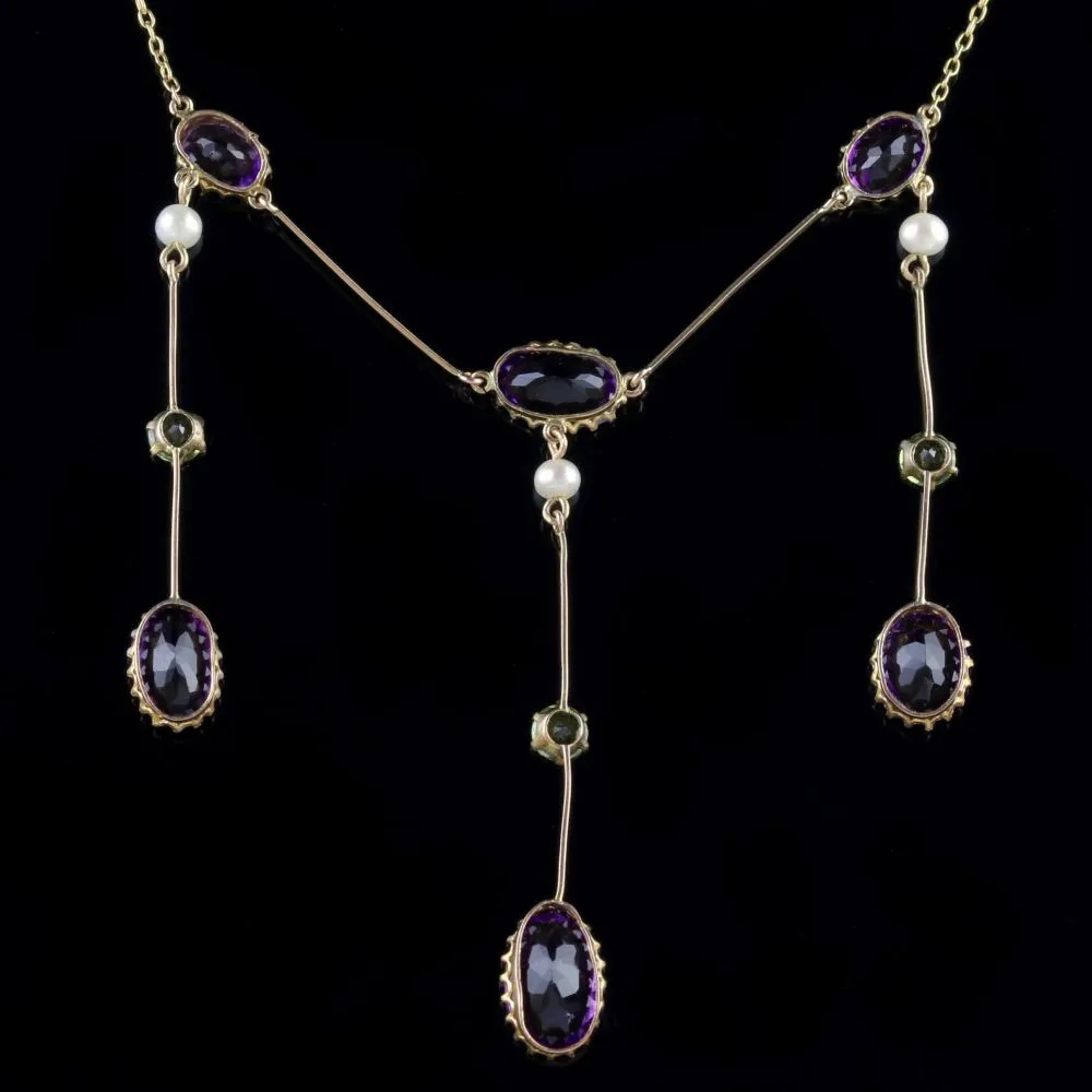 Antique Edwardian Suffragette Necklace 18Ct Gold Amethyst Droppers Circa 1910