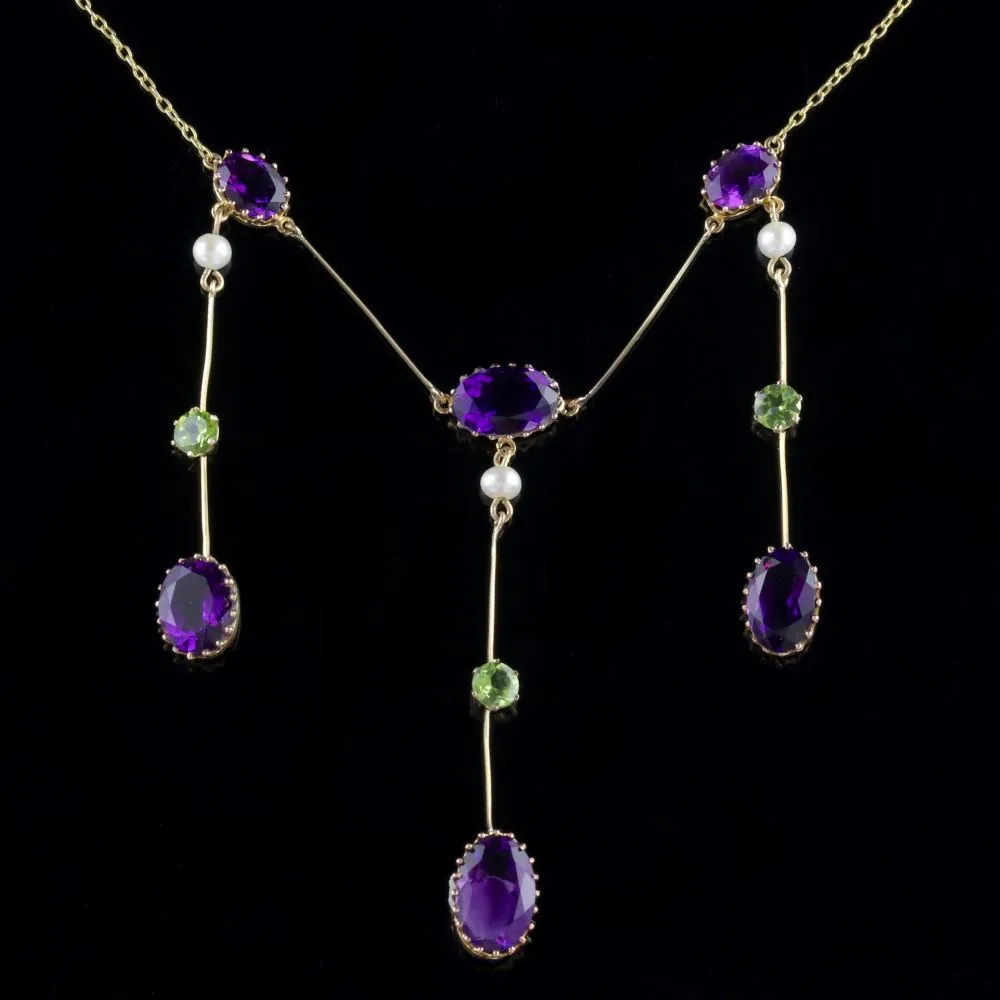 Antique Edwardian Suffragette Necklace 18Ct Gold Amethyst Droppers Circa 1910