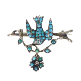 Antique Edwardian Swallow Bird Floral Wreath Brooch