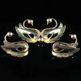 Antique Gold Brooch And Earring Set 14Ct Gold Dancing Swan