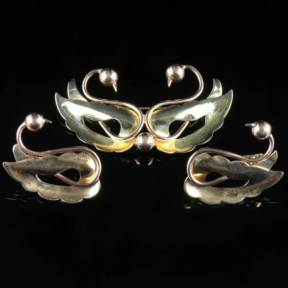 Antique Gold Brooch And Earring Set 14Ct Gold Dancing Swan