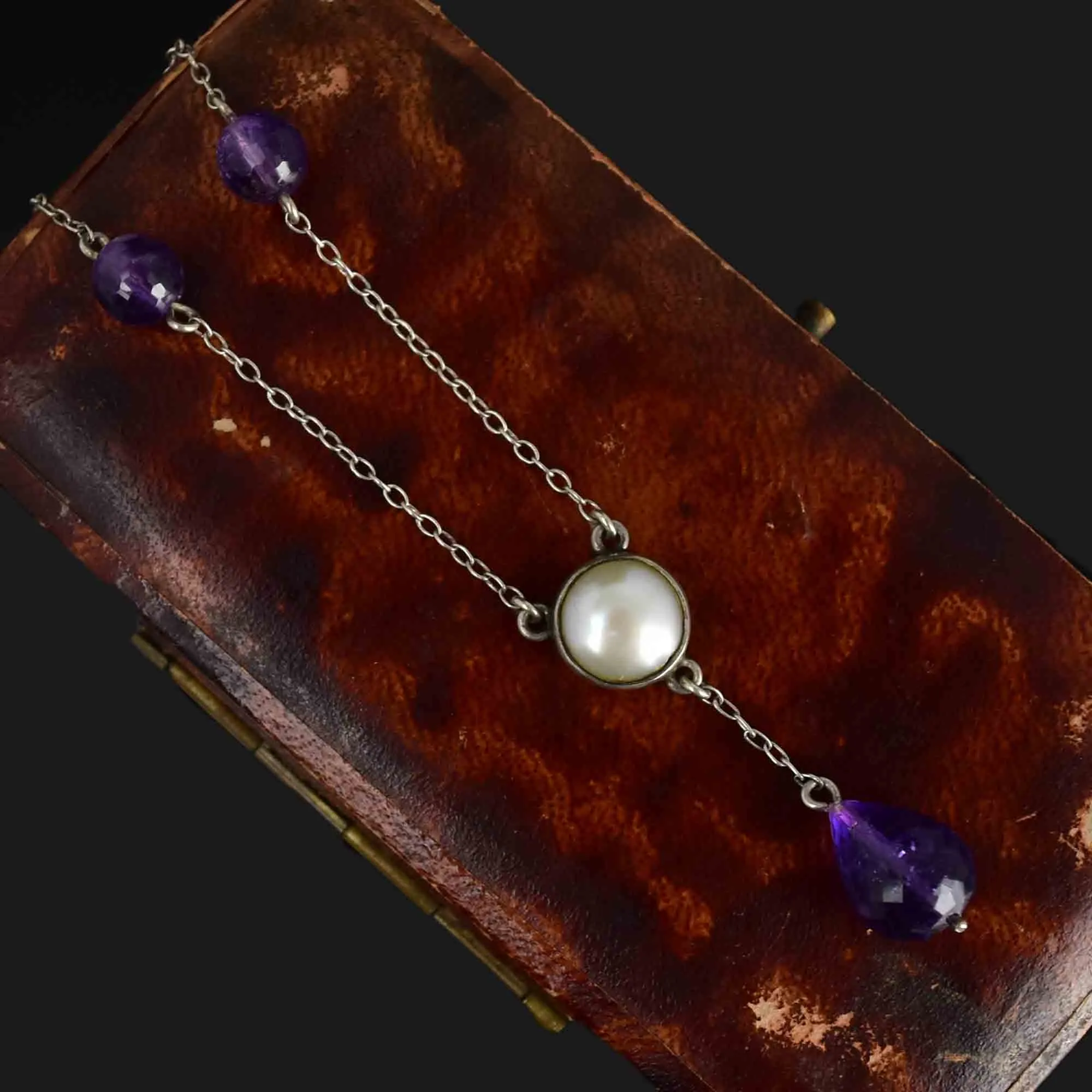 Antique Silver Amethyst Pearl Drop Pendant Necklace