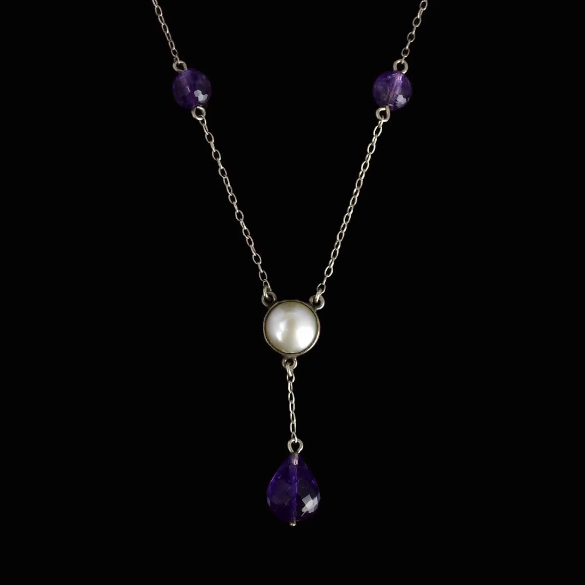 Antique Silver Amethyst Pearl Drop Pendant Necklace