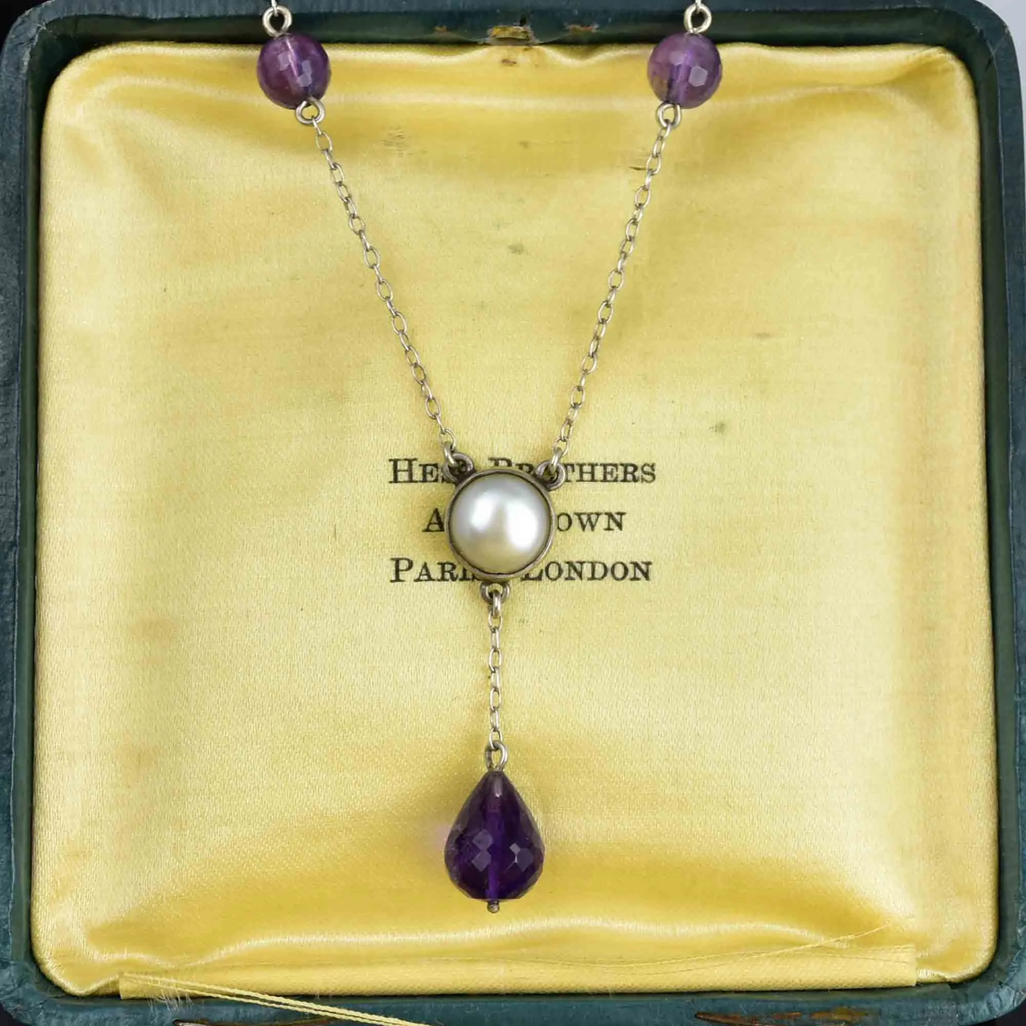 Antique Silver Amethyst Pearl Drop Pendant Necklace