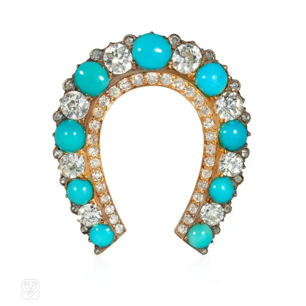 Antique turquoise and diamond horseshoe brooch