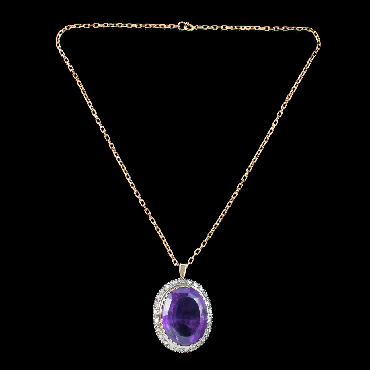 Antique Victorian Amethyst Diamond Pendant Necklace 35ct Amethyst