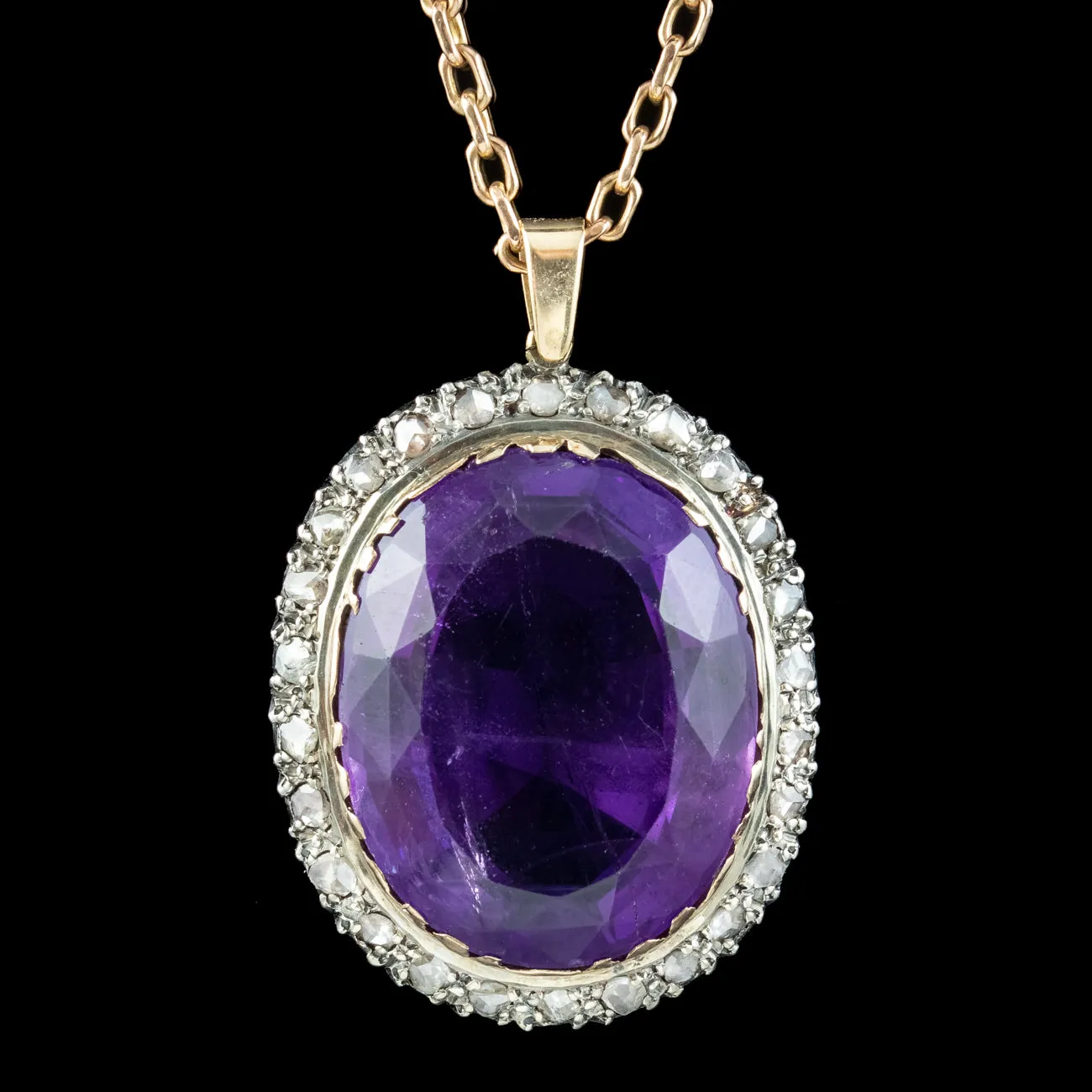 Antique Victorian Amethyst Diamond Pendant Necklace 35ct Amethyst