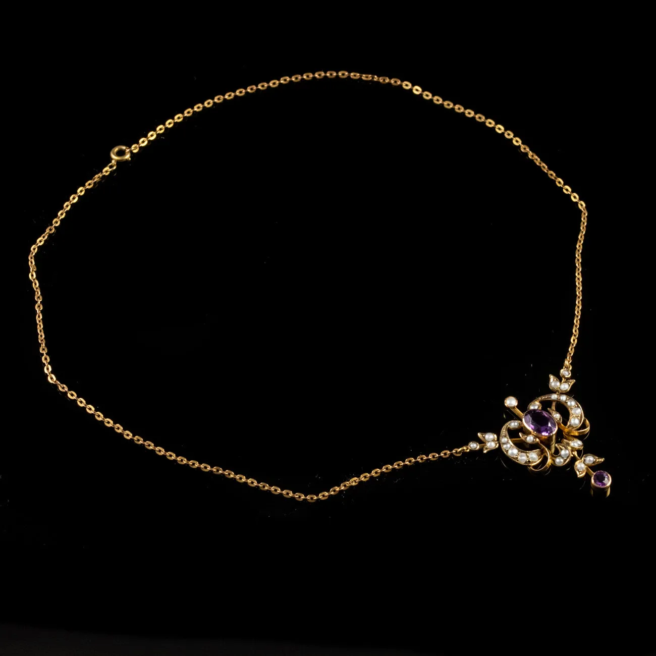 Antique Victorian Pearl Amethyst Pendant Necklace 9Ct Gold Circa 1900