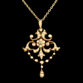 Antique Victorian Pearl Diamond 15Ct Gold Pendant Brooch Necklace Circa 1900