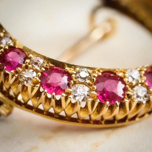 Antique Victorian Ruby & Diamond Crescent Brooch