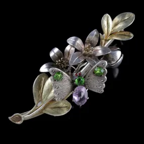 Antique Victorian Suffragette Butterfly Brooch Silver Fuchsia Circa 1890