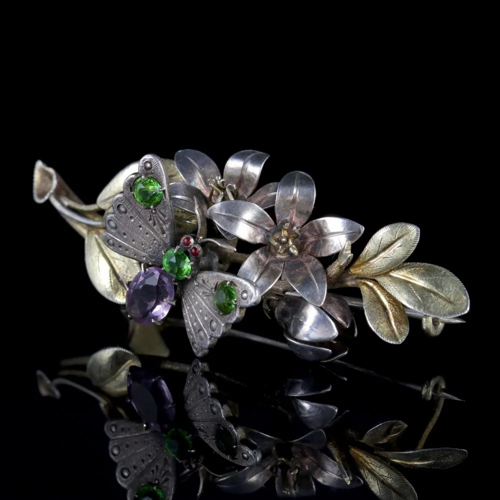 Antique Victorian Suffragette Butterfly Brooch Silver Fuchsia Circa 1890