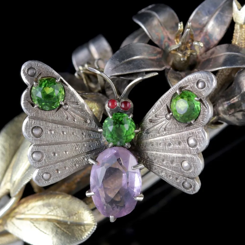 Antique Victorian Suffragette Butterfly Brooch Silver Fuchsia Circa 1890