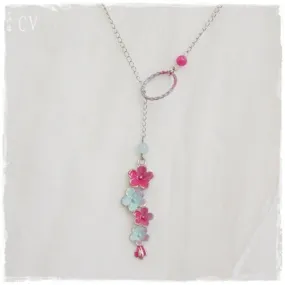 Aqua & Pink Flower Lariat Necklace