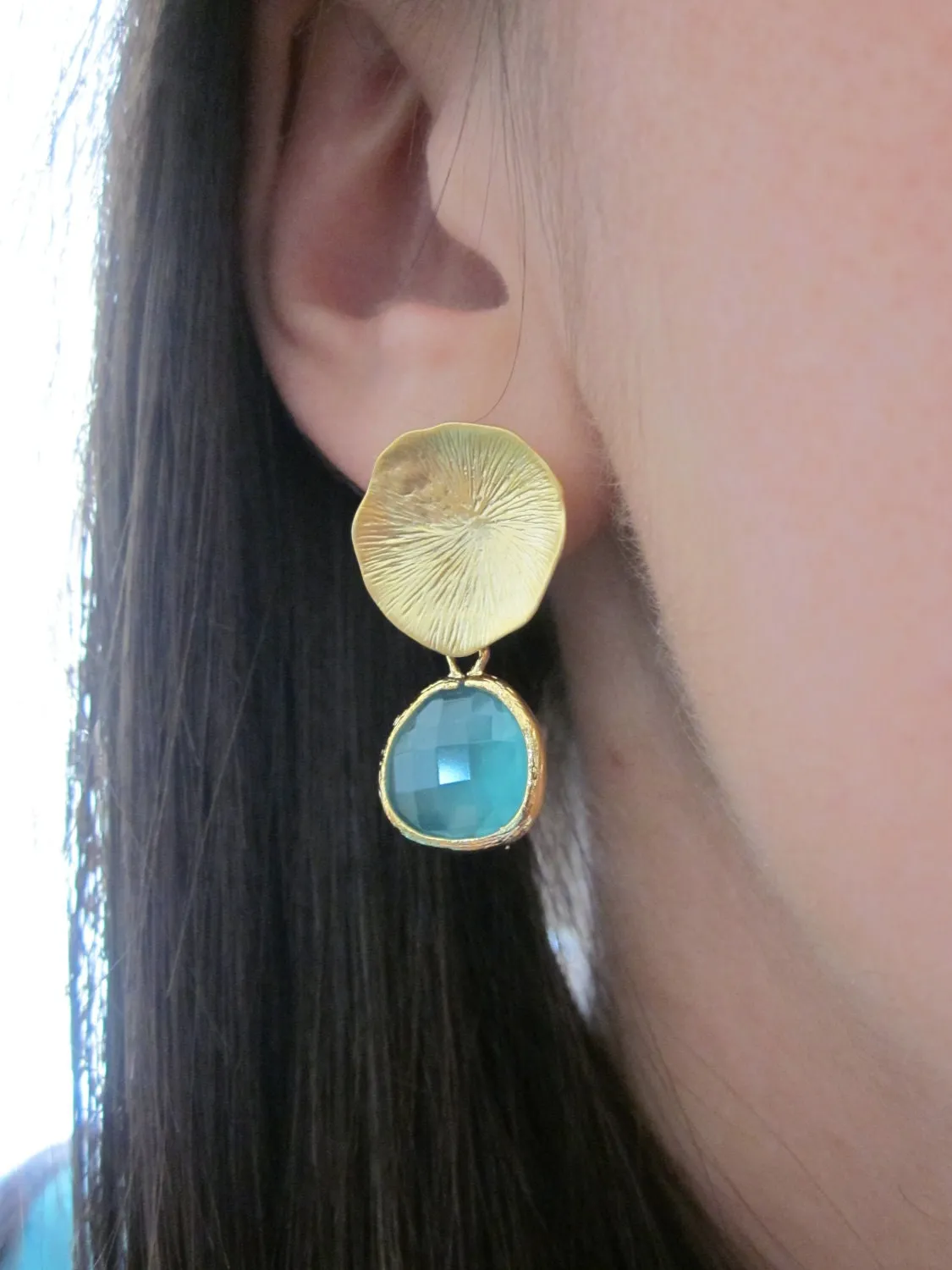 Aqua Blue Mint Earrings Gold Mushroom Coral - Sterling Silver Posts - Bridesmaid Earrings - Wedding Earrings Mint Wedding Jewelry