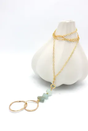 Aquamarine Stone & Bronze Double Link Gold Necklace