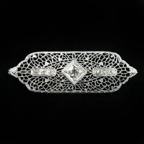 Art Deco 14k White Gold 0.52 Old European Cut Diamond Filigree Brooch