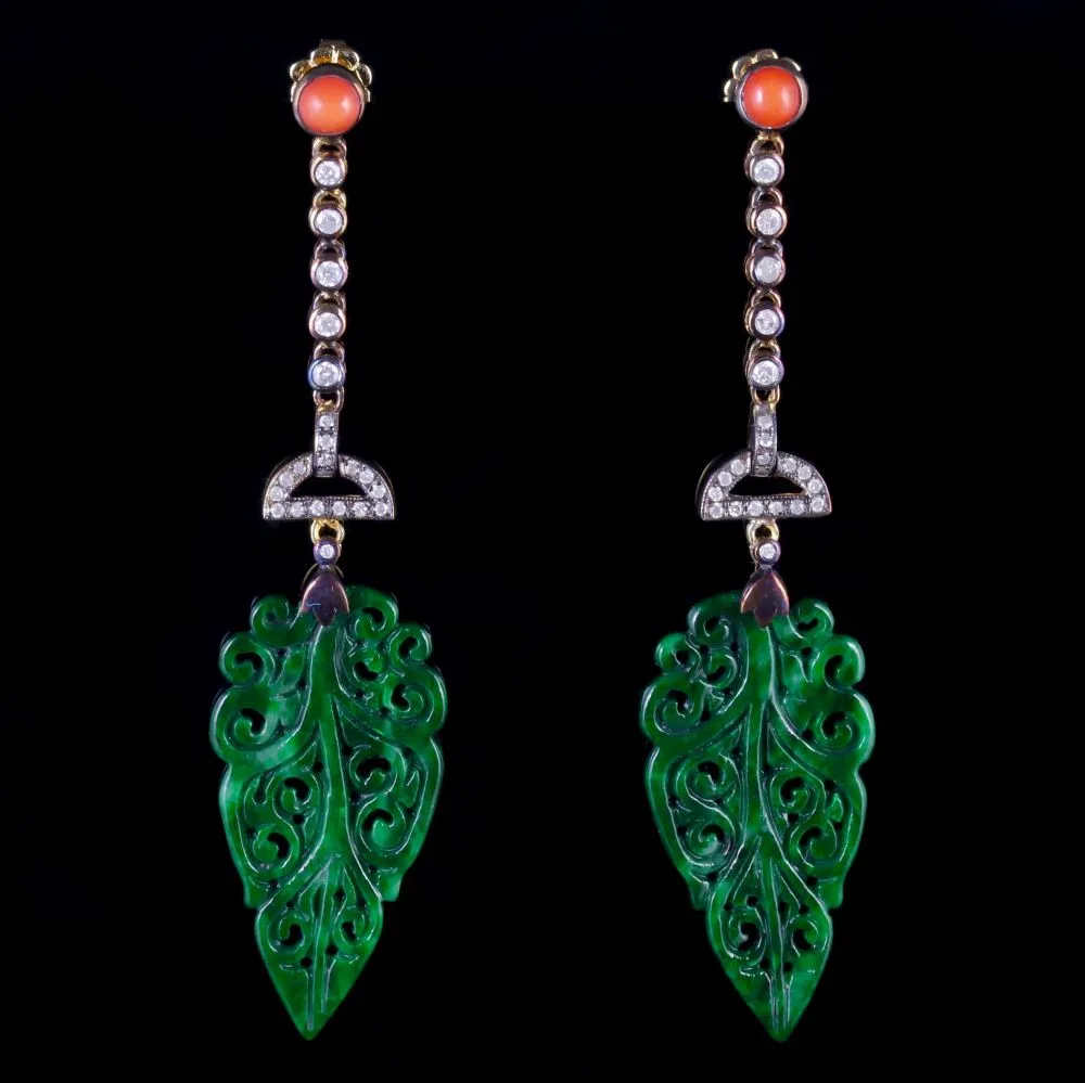 Art Deco Jade Drop Earrings Diamond Coral 18Ct Gold Silver