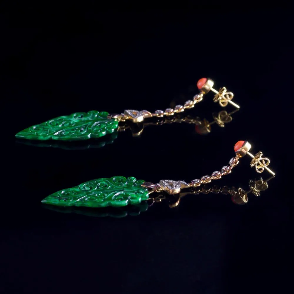 Art Deco Jade Drop Earrings Diamond Coral 18Ct Gold Silver