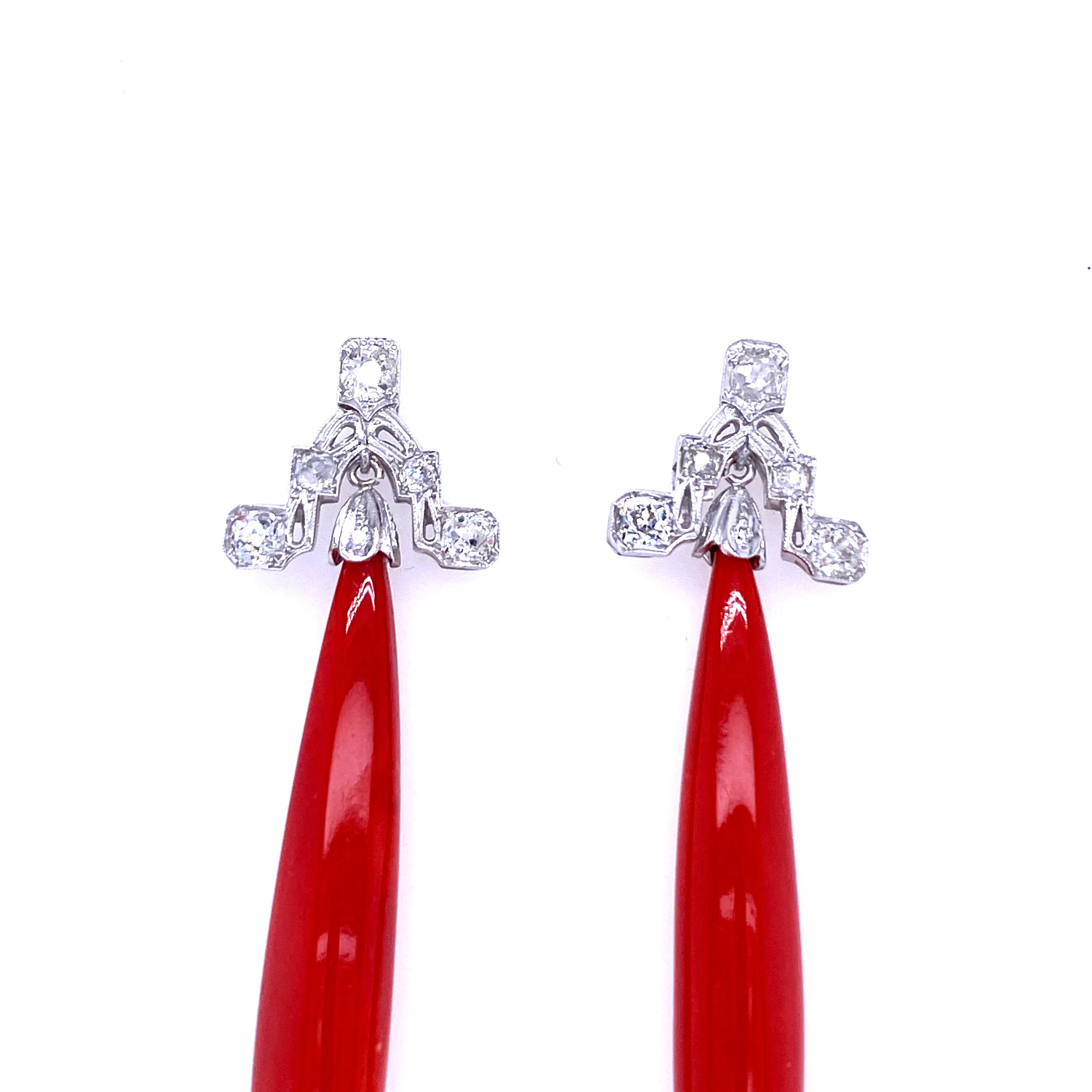 Art Deco Sardinian Coral Diamond Gold Drop Earrings