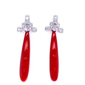 Art Deco Sardinian Coral Diamond Gold Drop Earrings