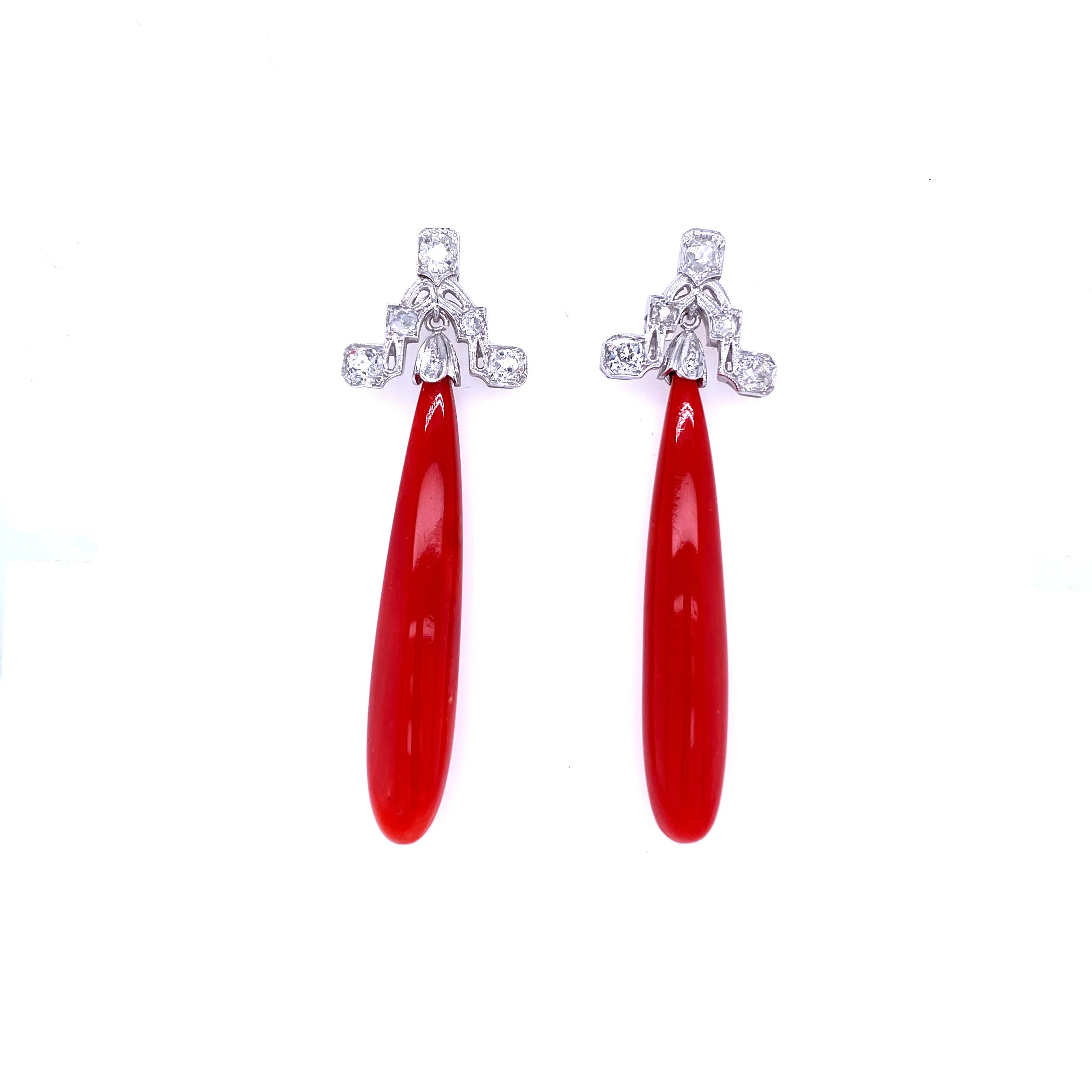 Art Deco Sardinian Coral Diamond Gold Drop Earrings