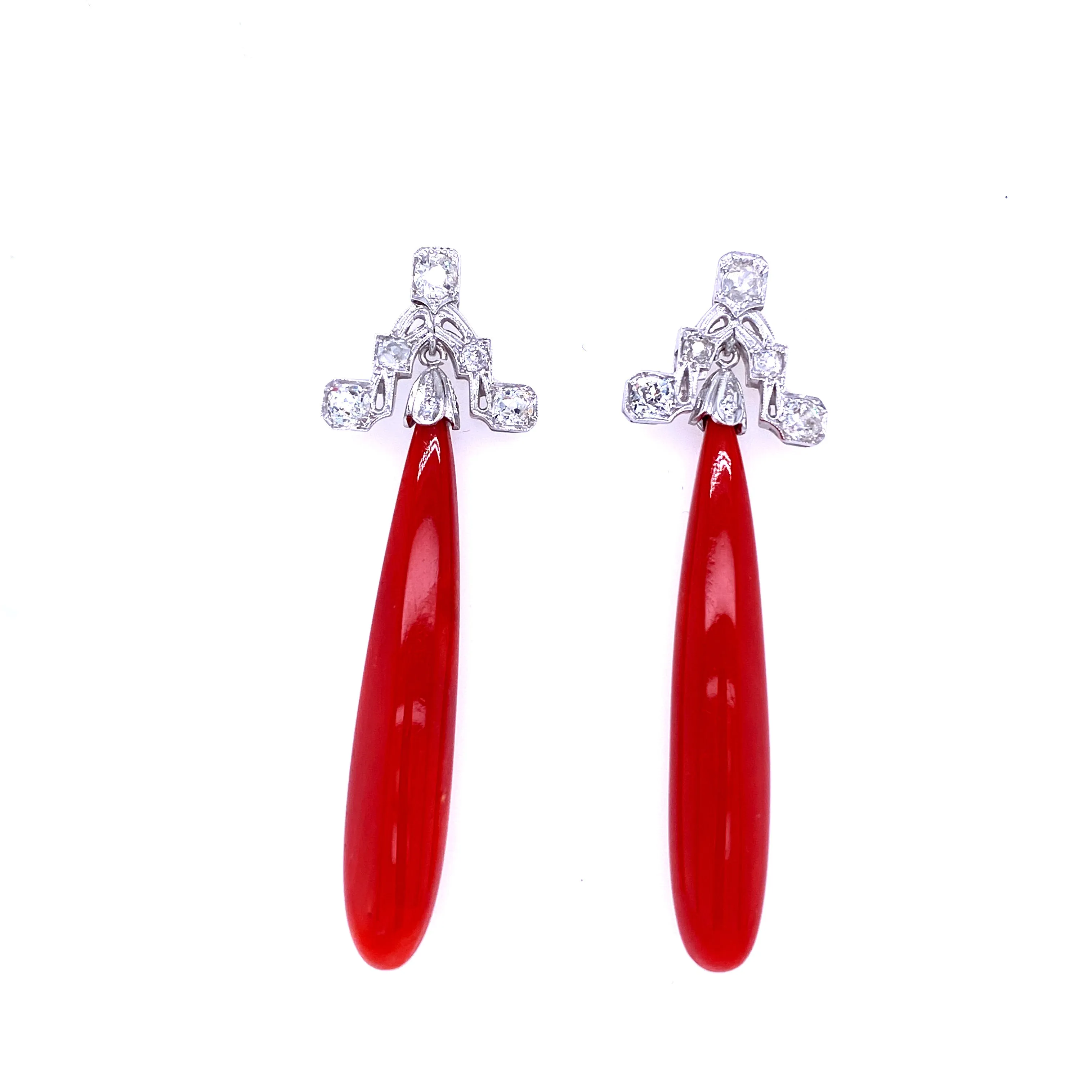 Art Deco Sardinian Coral Diamond Gold Drop Earrings