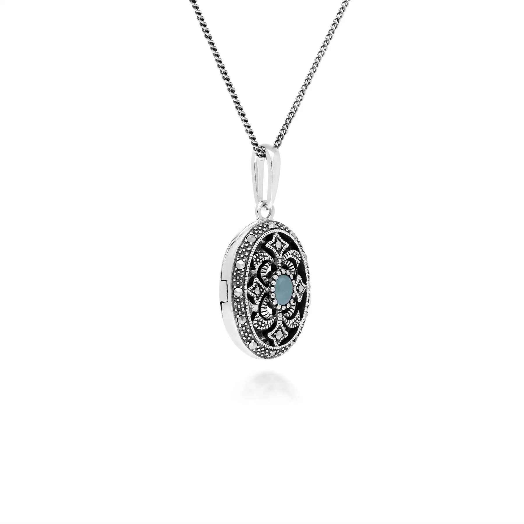 Art Nouveau Stil Ovale Gefärbte Grüne Jade & Markasite Halskette in 925 Sterlingsterlingsilber