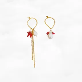 Asymmetrical Red Coral and Pearl Earrings