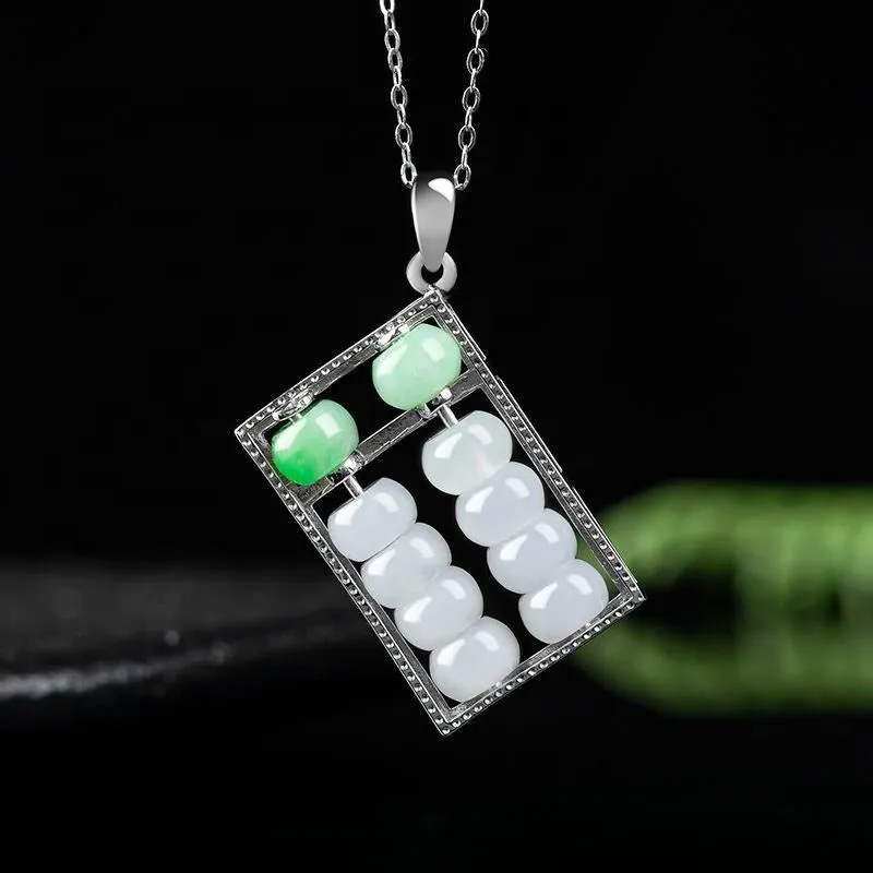 Authentic Jade Abacus Necklace Natural Jadeite An abacus Pendant S925 silver inlay Cubic Zirconia Chinese Round Type A Jadeite Pendant