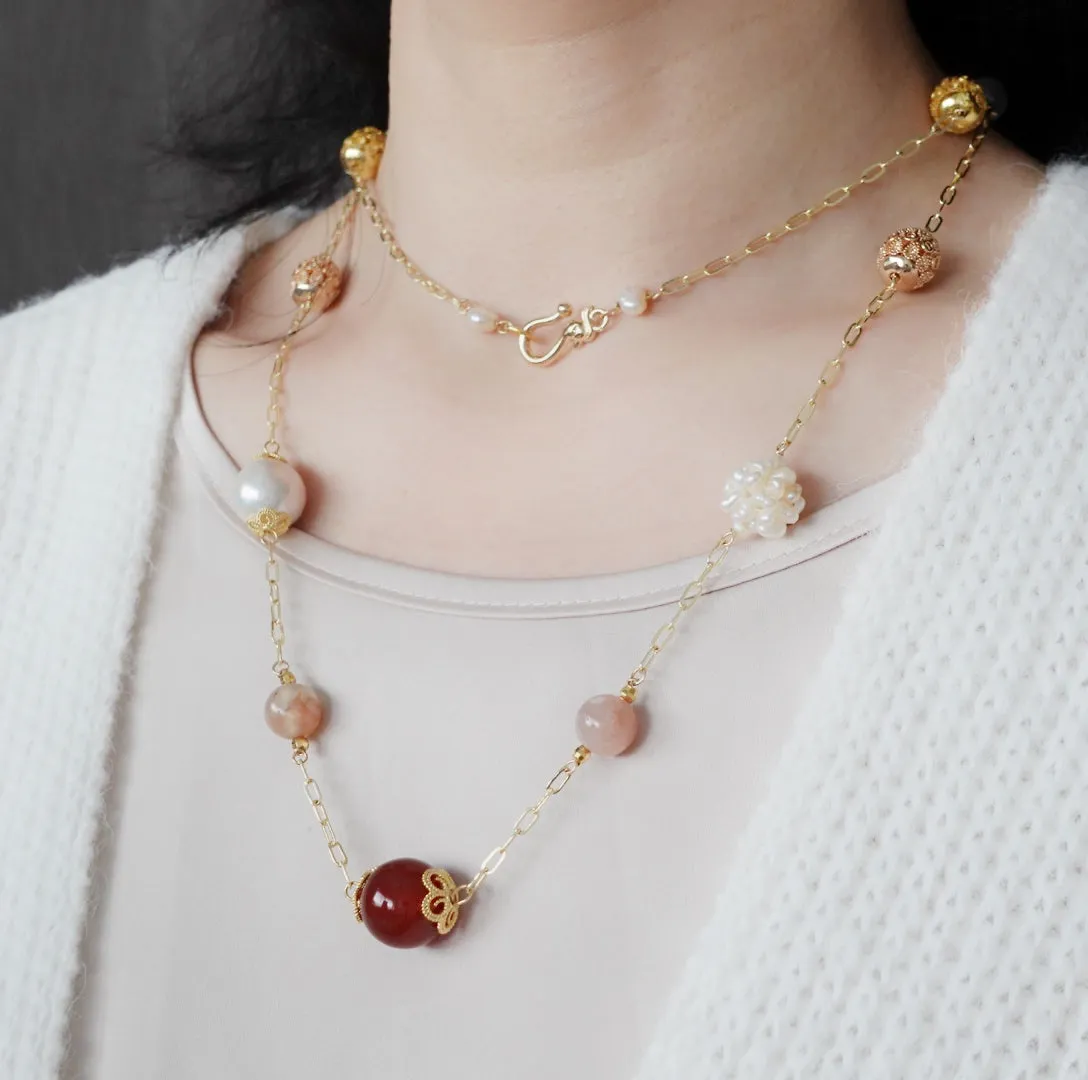 Autumn Carnelian and Agate Long Chain Necklace