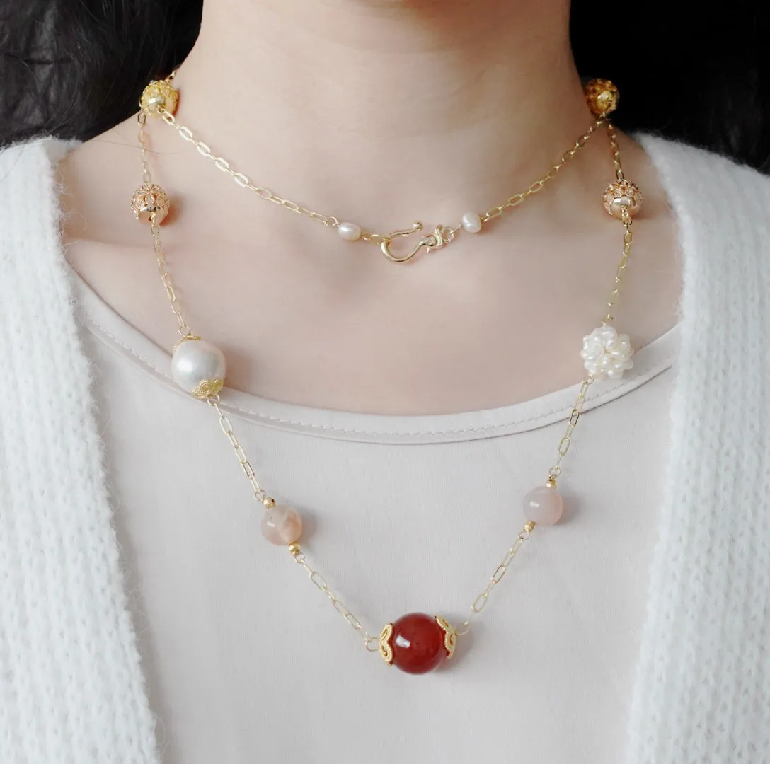 Autumn Carnelian and Agate Long Chain Necklace