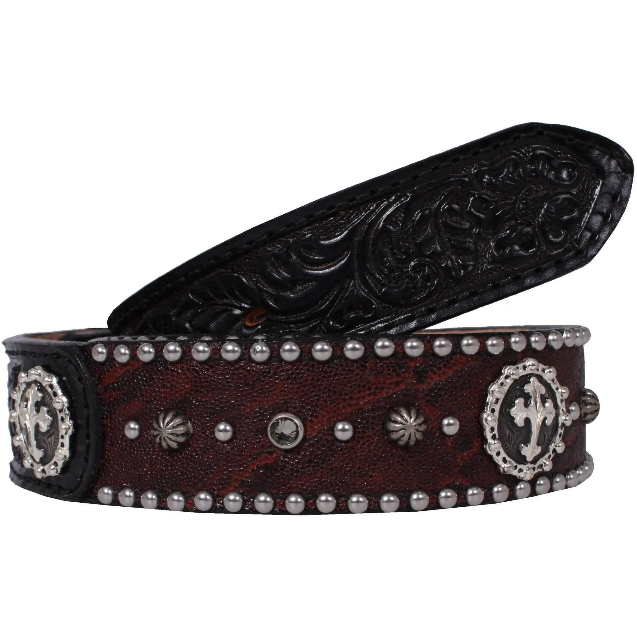 B786 - Maroon Elephant Print Floral Tooled Belt