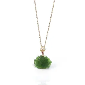 Baikalla™ : " Peony Flower " 14k Yellow Gold Genuine Nephrite Green Jade Pendant Necklace