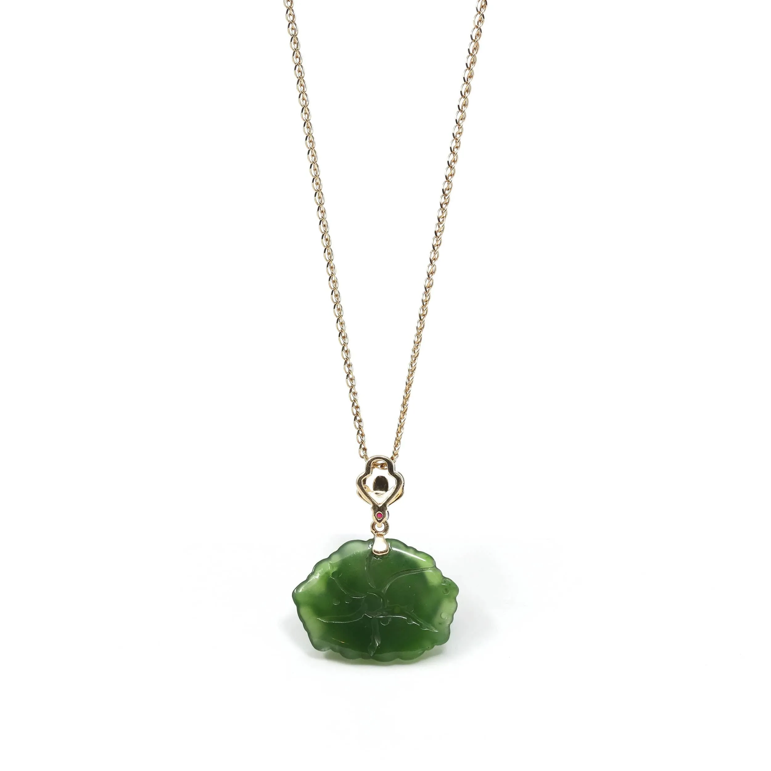 Baikalla™ : " Peony Flower " 14k Yellow Gold Genuine Nephrite Green Jade Pendant Necklace