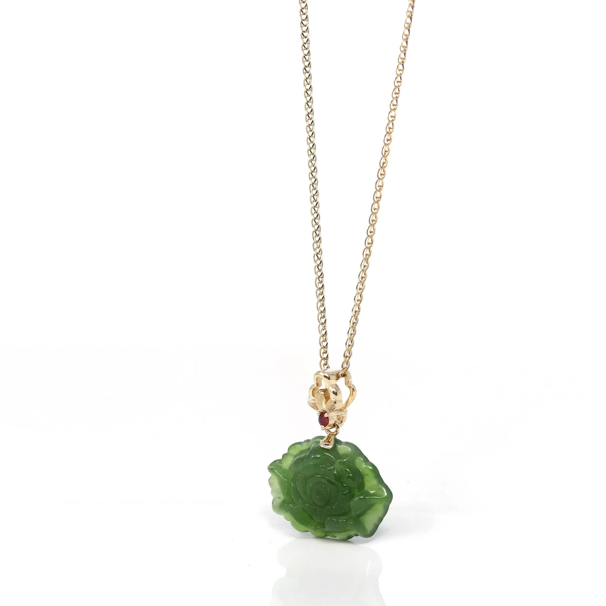 Baikalla™ : " Peony Flower " 14k Yellow Gold Genuine Nephrite Green Jade Pendant Necklace