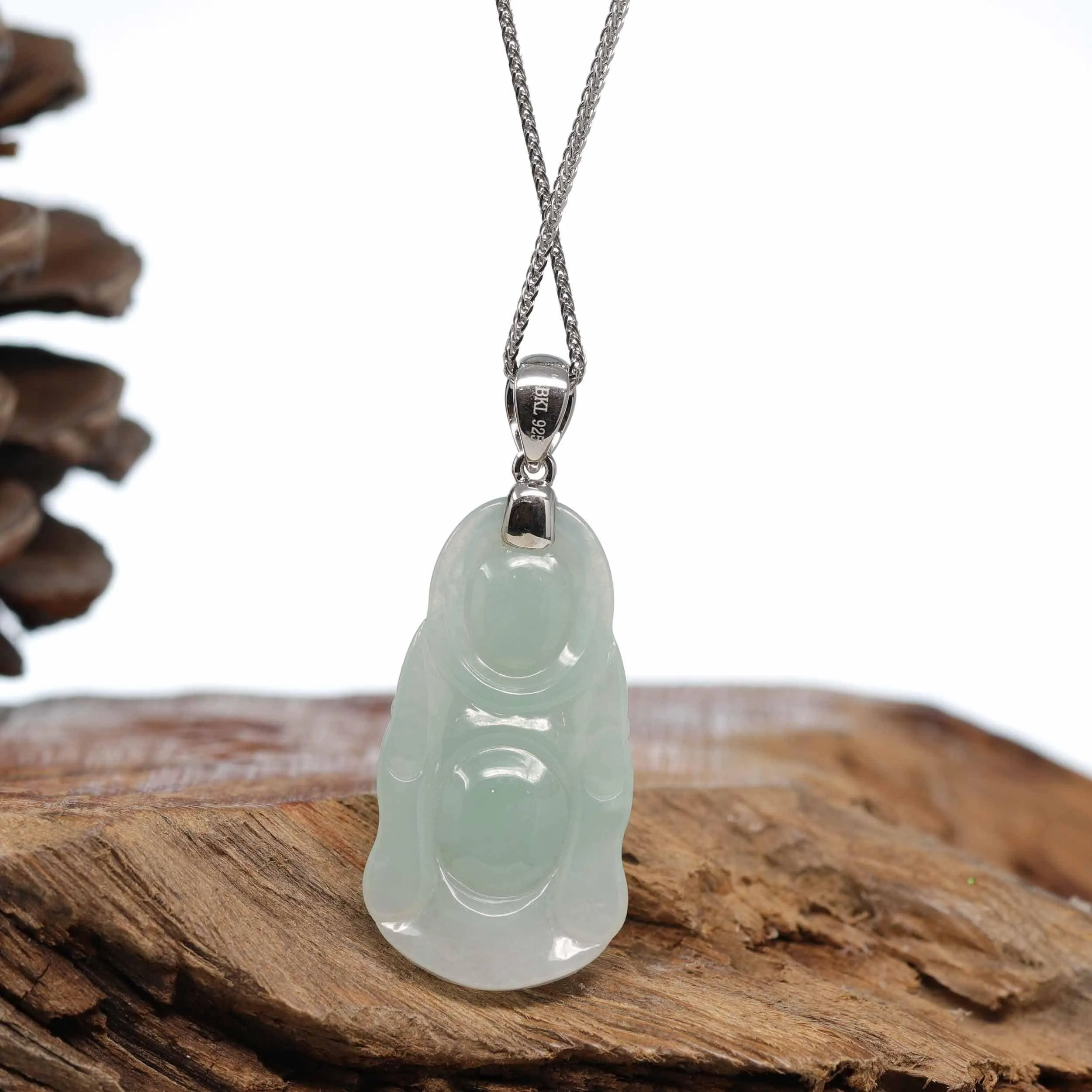 Baikalla™ "Laughing Buddha" Genuine Green Jadeite Jade Buddha Pendant Necklace With Strong Silver  Bail