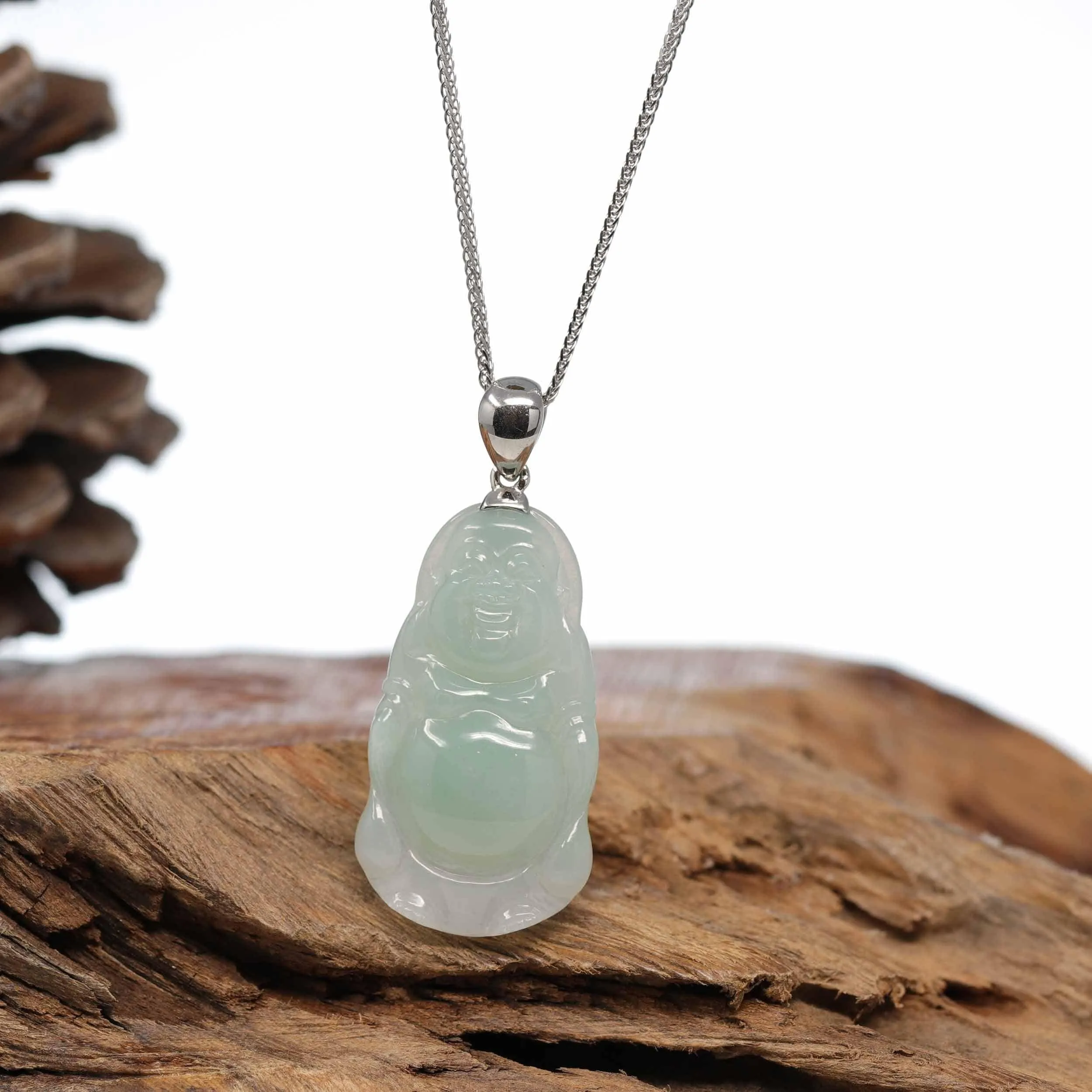 Baikalla™ "Laughing Buddha" Genuine Green Jadeite Jade Buddha Pendant Necklace With Strong Silver  Bail