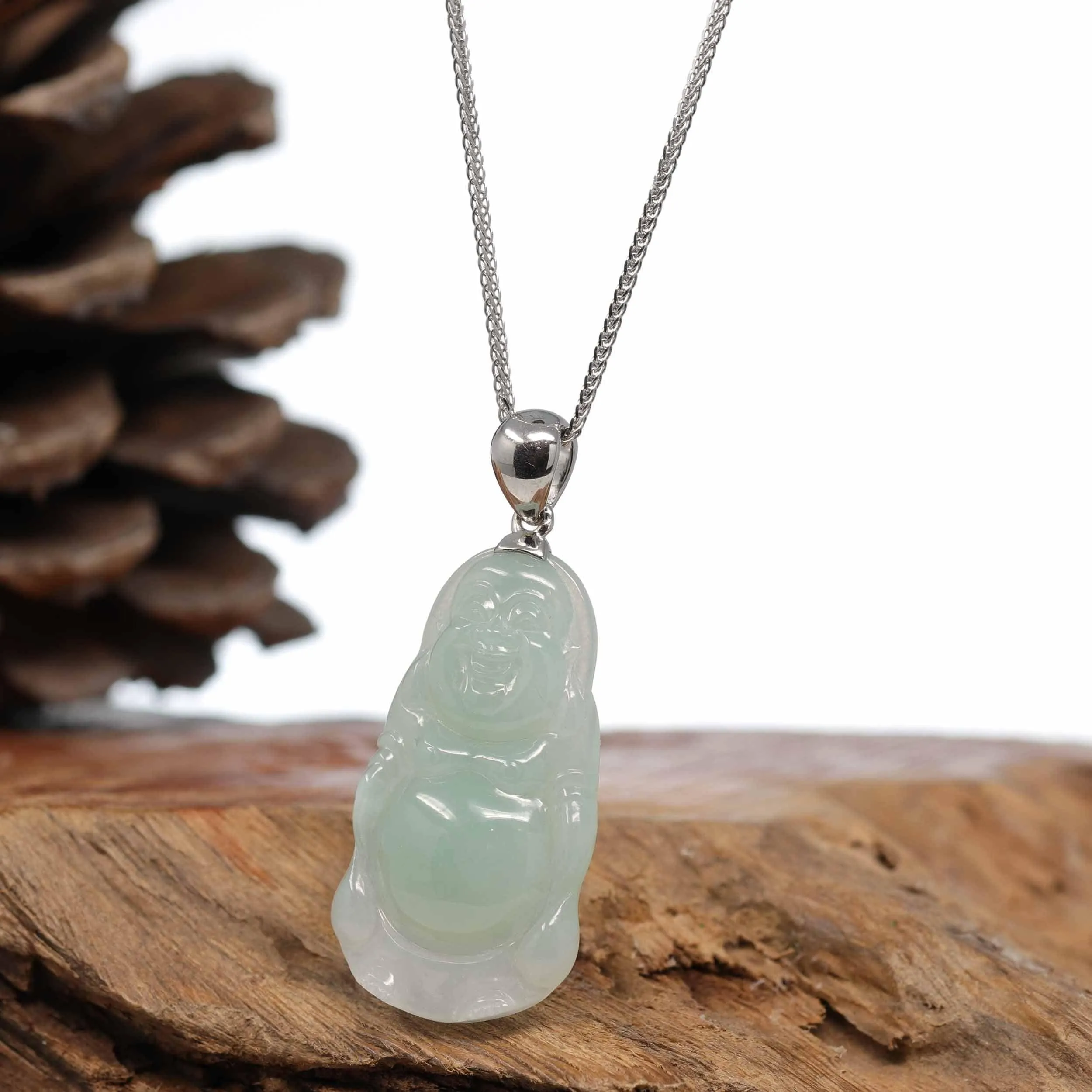 Baikalla™ "Laughing Buddha" Genuine Green Jadeite Jade Buddha Pendant Necklace With Strong Silver  Bail